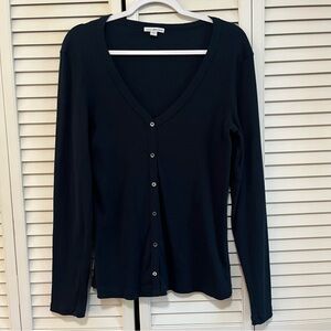 James Perse Size 4 XL Navy Ribbed Cotton V-Neck Button Cardigan Long Sleeve